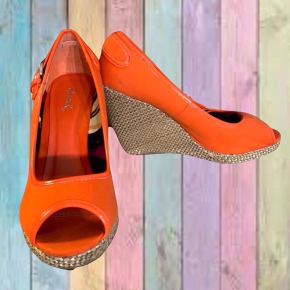 Qupid Orange Canvas Open Toe Wedge Shoes - Picture 1 of 9